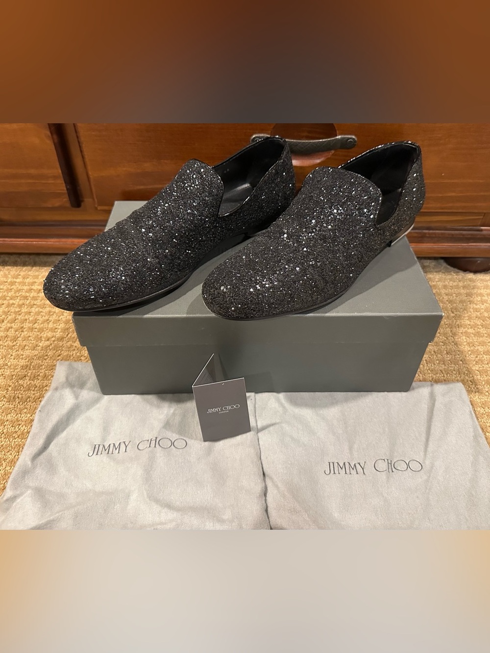 Jimmy Choo Sloane Men’s Black Glitter Slip-On Loafers Size 12M